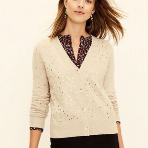 LOFT Gold Star Sequin Cardigan sweater neutral beige Tan Medium EUC